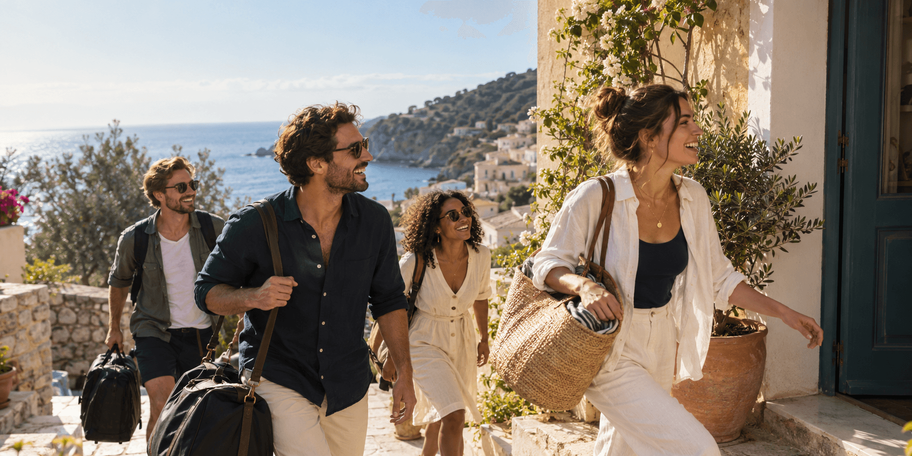 Friends arriving together at a sunny coastal guesthouse